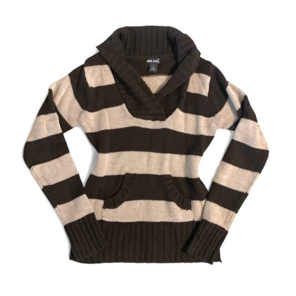 Wet Seal Y2K Brown Striped Knit Top Pocket Detail Size M